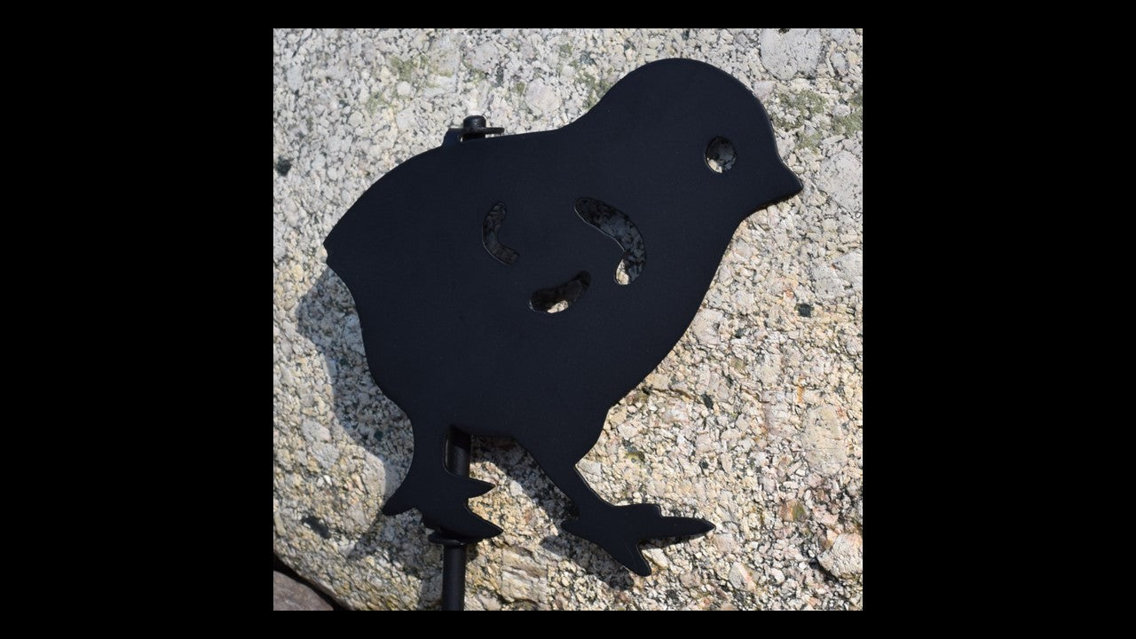black custom metal baby chick with yard stake included. 6.5 inches by 6.5 inches priced at 20 dollars.