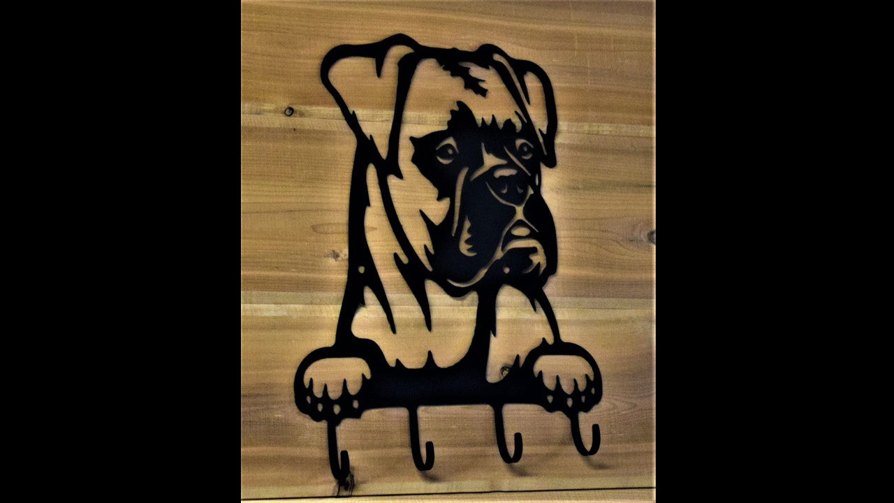 Black metal custom Boxer key hook with 4 metal hooks. 12.5 inches tall by 10 inches long. Priced at 20 dollars SKU number BXKH