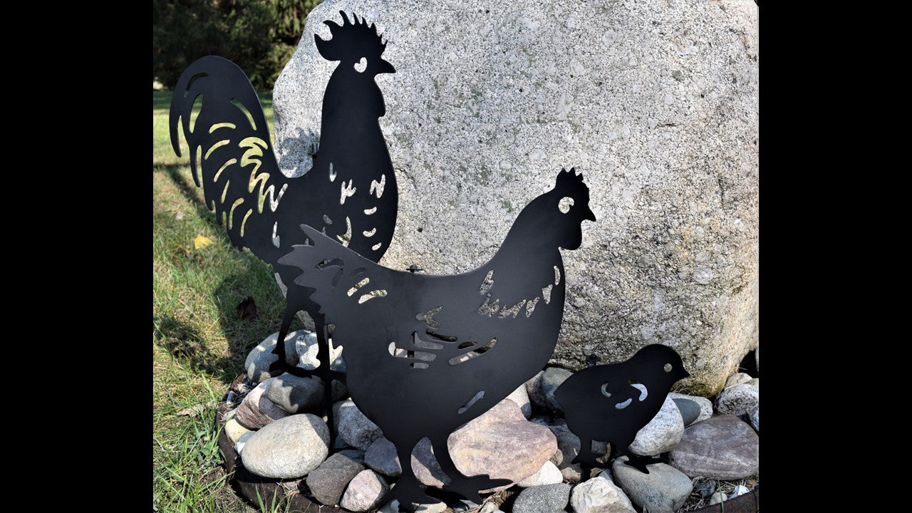 Custom black metal chicken featuring a rooster hen and chick including yard stakes. Priced at 90 dollars for all 3.