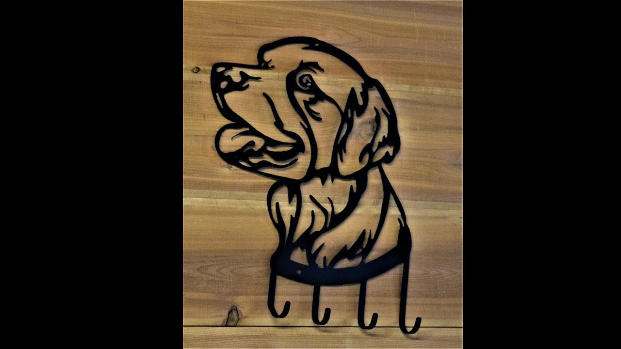 Black metal custom Golden Retriever key hook with 4 metal hooks. 12.5 inches tall by 8 inches wide. Priced at 20 dollars SKU number GRKH