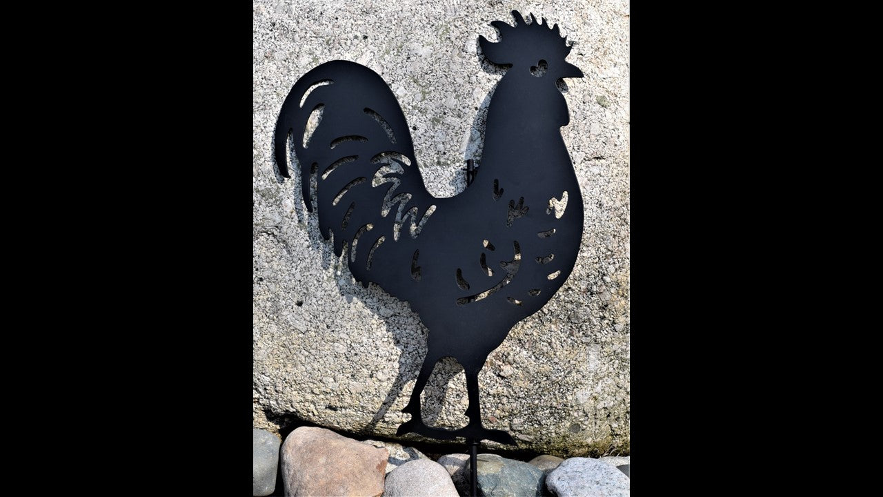 Black custom metal Rooster including yard stake. 19.5 inches by 16 inches priced at 60 dollars.