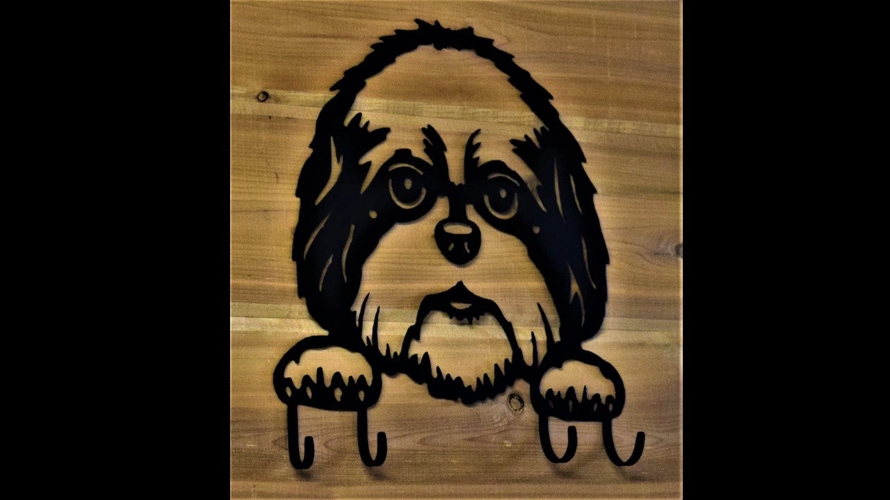 Black metal custom Shih Tzu key hook with 4 metal key hooks. 11.5 inches tall by 10 inches long. Priced at 20 dollars SKU number STKH