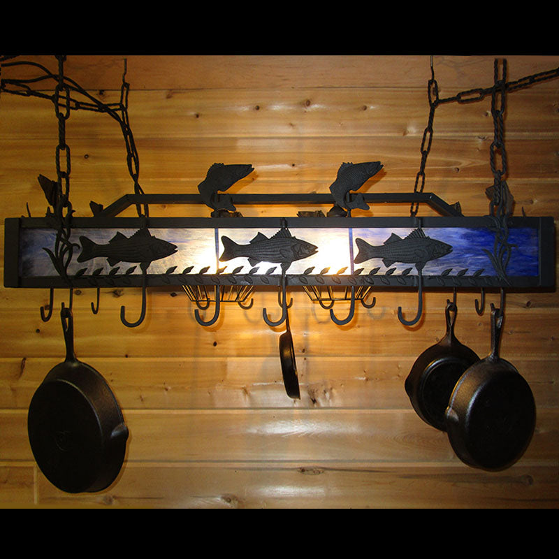 Black metal decorative hanging pot rack with dimensional fish design and back lighted stained glass.