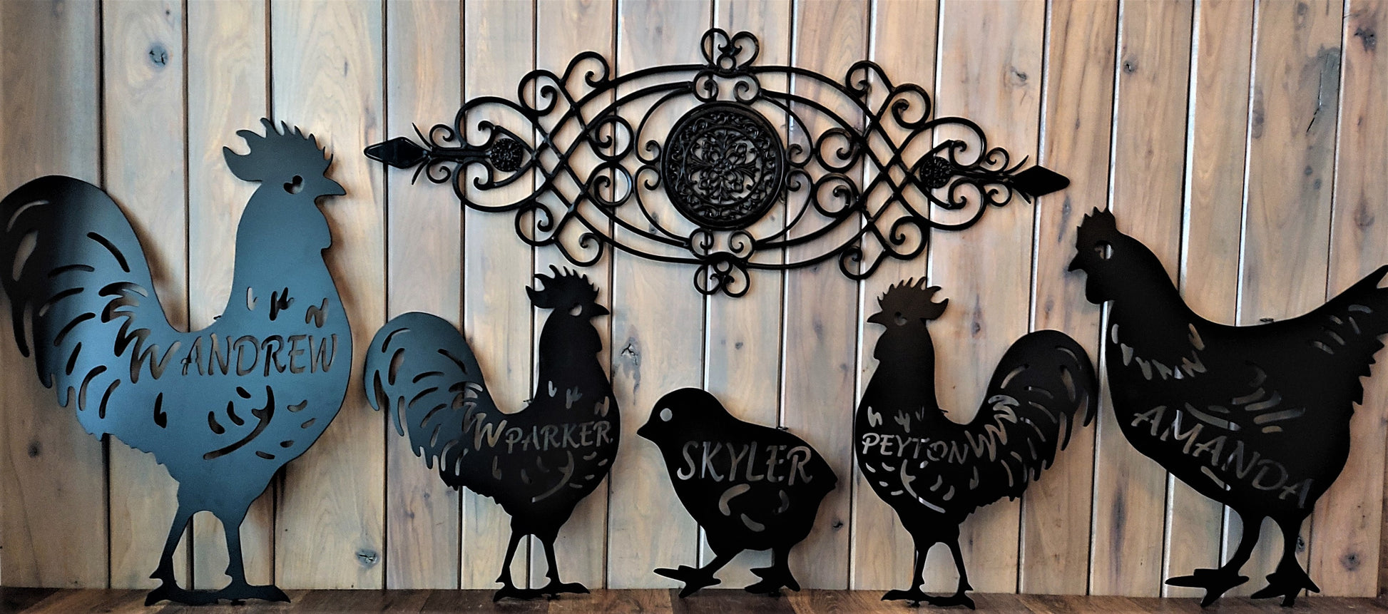 Black custom metal family of chickens with customizable names. Featuring three roosters, one hen and a chick. A whole customizable collection 