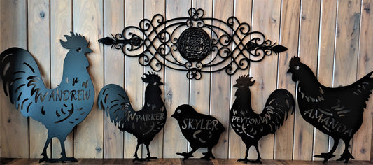 Black custom metal family of chickens with customizable names. Featuring three roosters, one hen and a chick. A whole customizable collection 