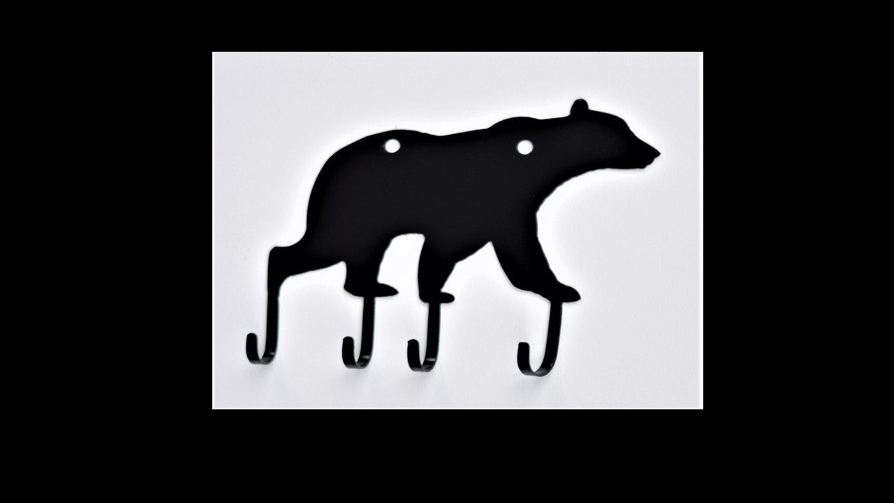 Custom black metal bear key hook with 4 hooks. 8 inches by 6 inches priced at 15 dollars. SKU number SKHB