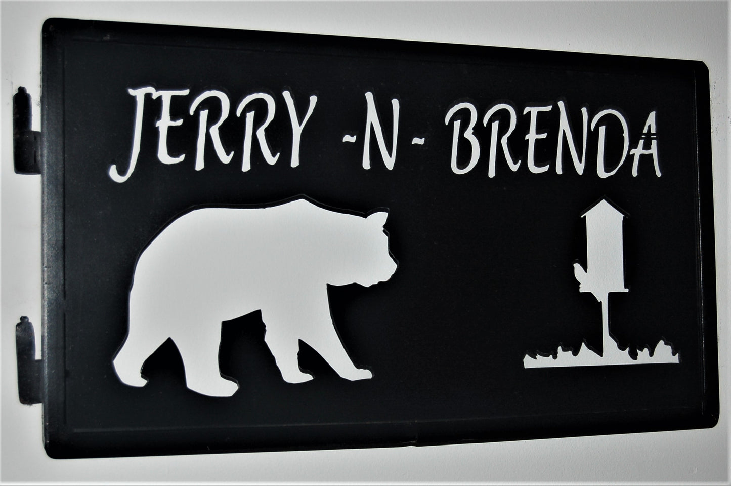 black metal Customizable Bear and bird house inspiring panel with names Jerry N Brenda above 