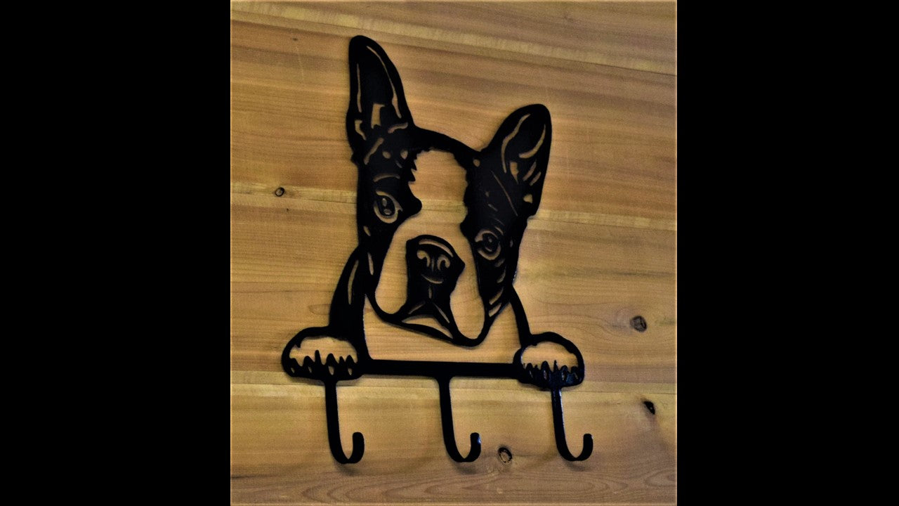 Black metal custom Boston Terrier key hook. With 3 metal hooks 12.5 inches tall by 10.5 inches long. Priced at 20 dollars SKU number BTKH