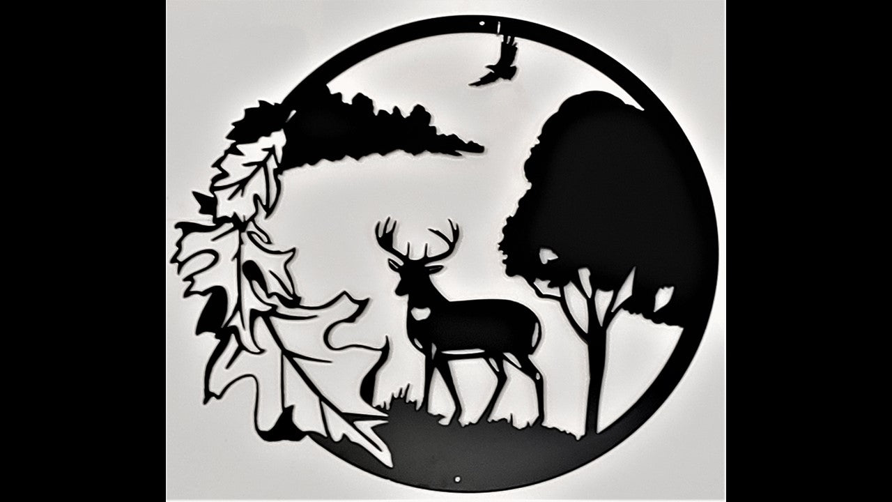 Black custom metal silhouette 24" around featuring a Buck in the center with an eagle above a cloud. Along with an oak tree to the right and oak leaves to the left. 