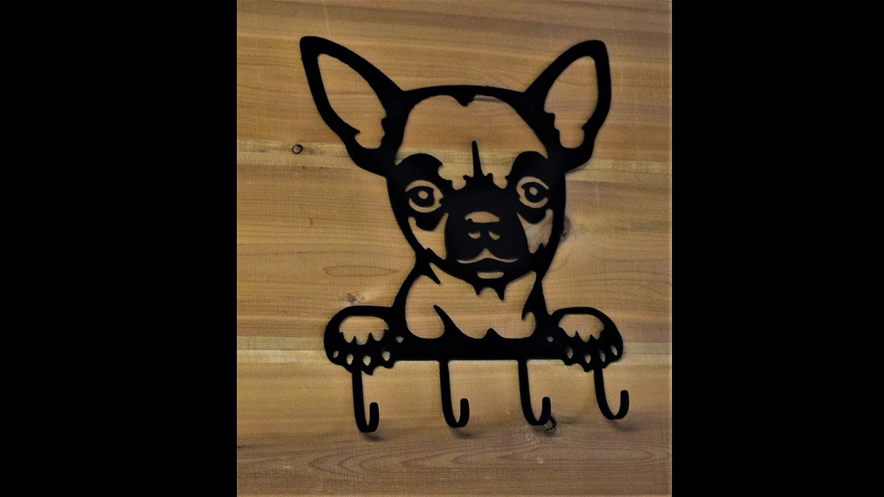 Black metal custom Chihuahua key hook with 4 metal key hooks. 11 inches tall by 9.5 inches long. Priced at 20 dollars SKU number CHKH