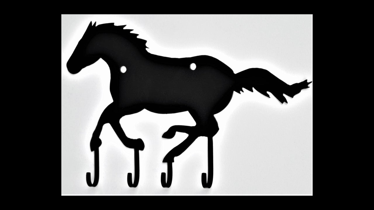 Custom black metal horse key hook with 4 hooks. 12.5 inches by 8.5 inches. Priced at 15 dollars. SKU number SKHG