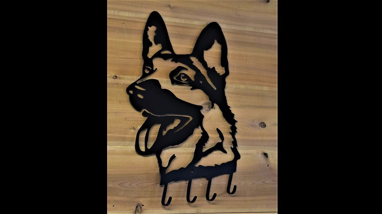 Black metal custom German Shepard key hook with 4 metal hooks. 16 inches tall by 9 inches long. Priced at 20 dollars SKU number GSKH
