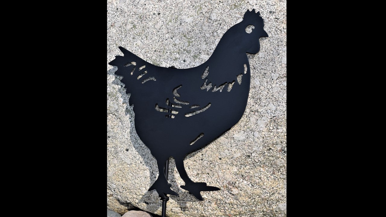 Black custom metal hen with yard stake included. 16 inches by 14 inches priced at 40 dollars. 