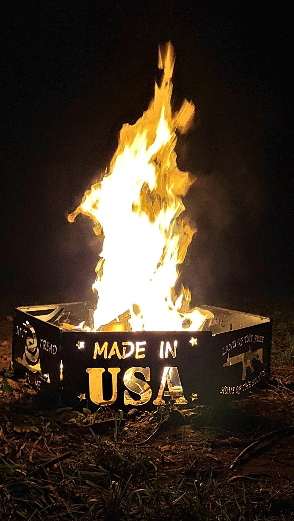 black metal Patriotic style inspiring with fire burning in it.