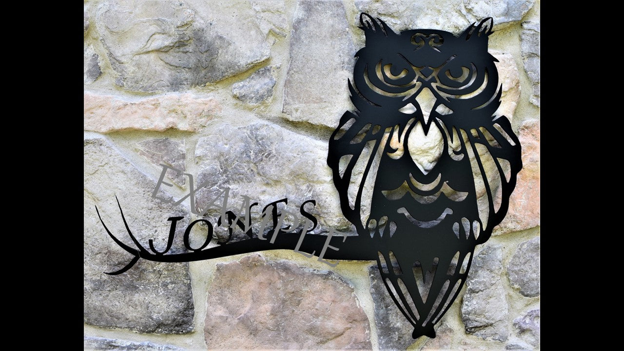 black metal custom silhouette with Owl and customizable last name on branch featuring Jones. 36 inches by 24 inches priced at 160 dollars. contact us