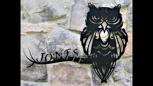 black metal custom silhouette with Owl and customizable last name on branch featuring Jones. 36 inches by 24 inches priced at 160 dollars. contact us at 231-299-7610