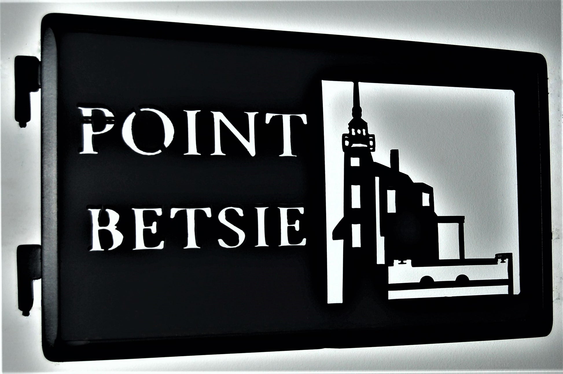 black metal Point Betsie inspiring panel featuring lighthouse 