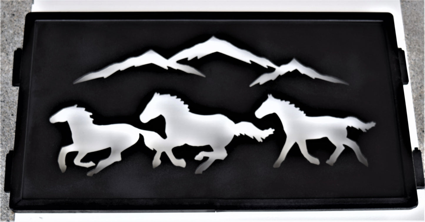 black metal inspiring panel featuring 3 mountains and 3 running horses 