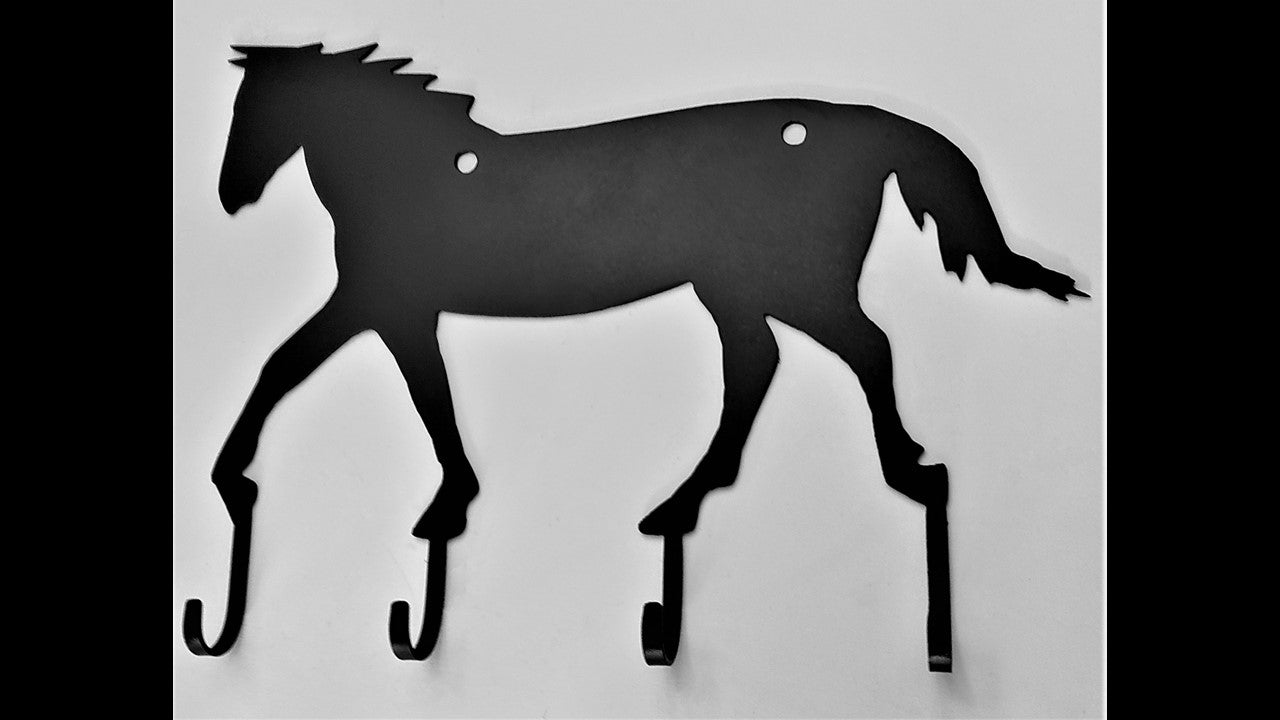 Custom black metal walking horse key hook with 4 hooks. 12.5 inches by 8.5 inches. Priced at 15 dollars SKU number SKHH 