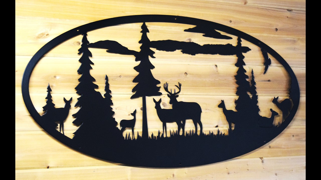 Black metal Silhouette deer scene with 7 deer and eagle 6 pine trees and clouds. 48 inches wide by 24 inches tall. Priced at 180 dollars. 