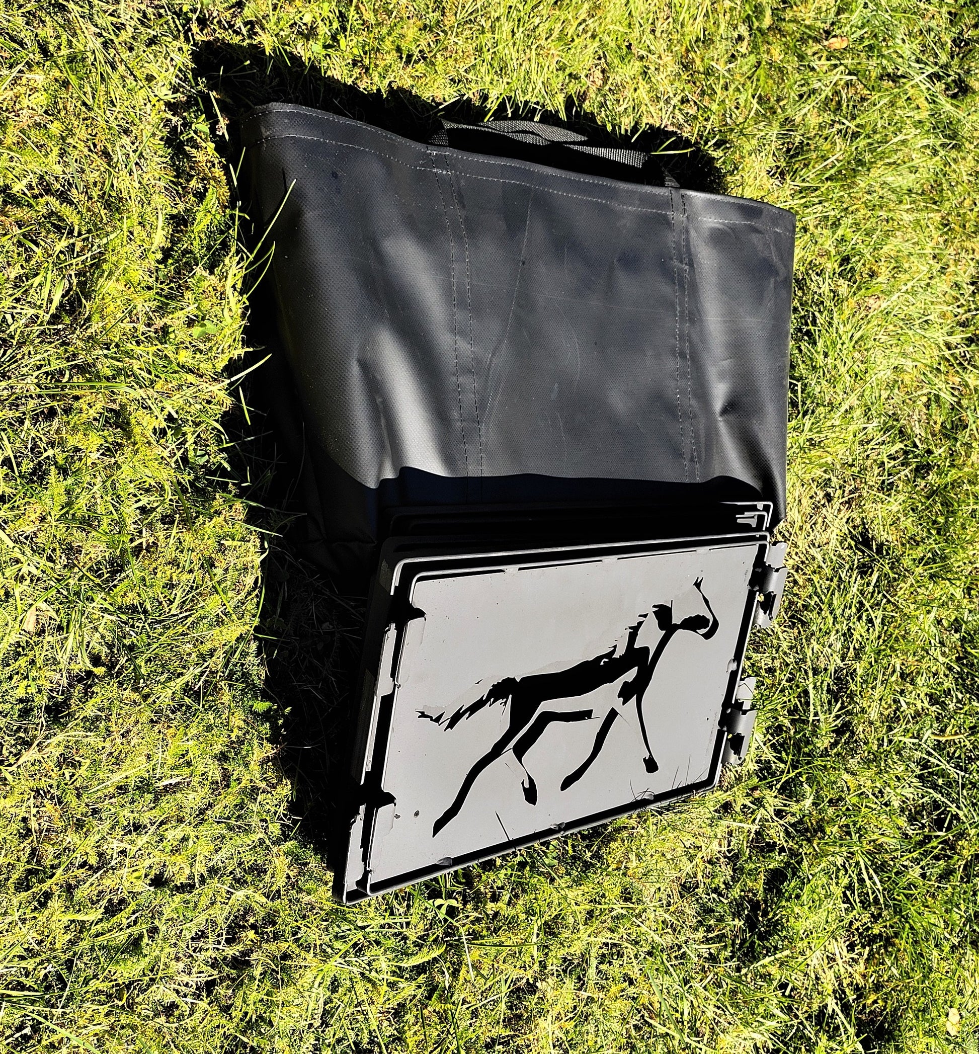 black metal Horse style inspiring collapsed with bag to show storage feature